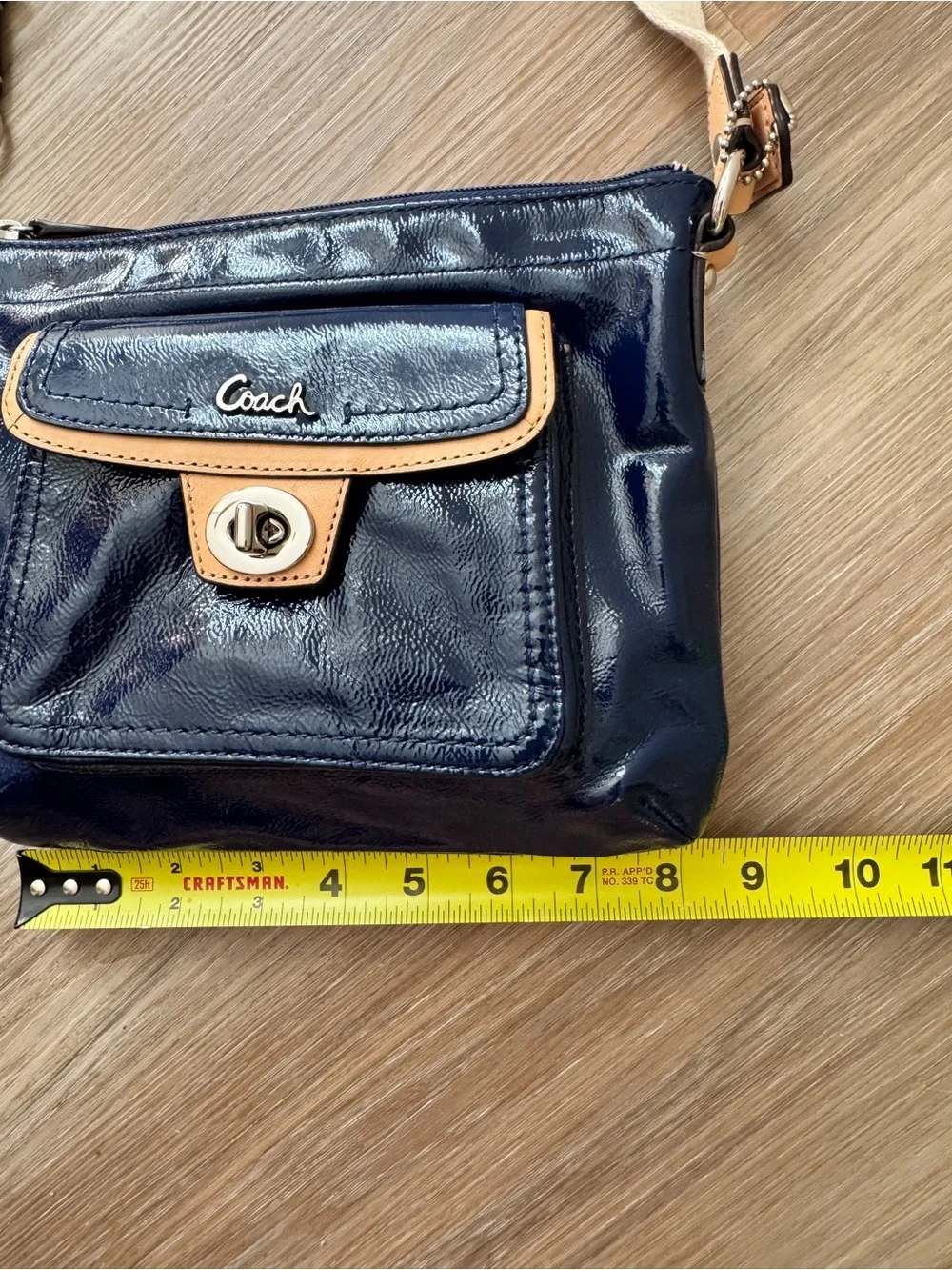 Coach Navy Patent Leather Crossbody with Tan Trim and Canvas Strap preppy